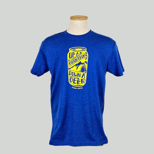Blue t-shirt with yellow graphic on a mannequin against a white background