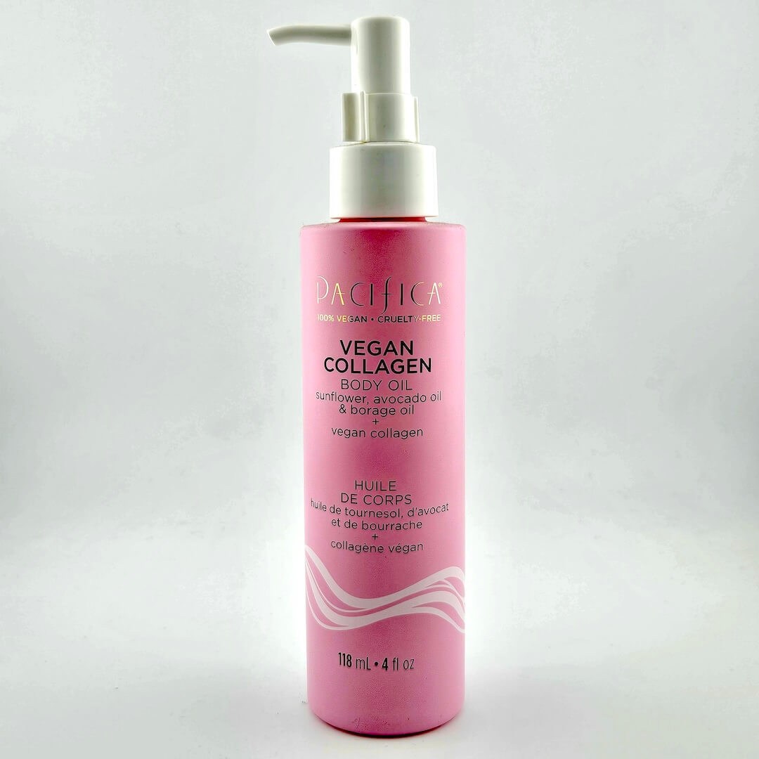 Pink bottle of Pacifica Vegan Collagen Body Oil on a white background