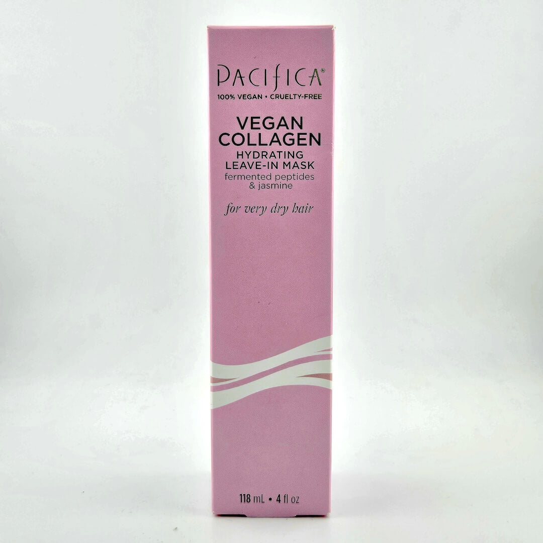 Pink box of Pacifica Vegan Collagen Hydrating Leave-In Mask on a white background