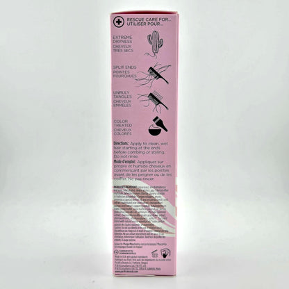 Pink hair care product packaging with text and illustrations on a white background