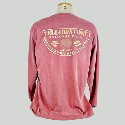Red long-sleeve shirt with Yellowstone National Park logo on a mannequin against a white background