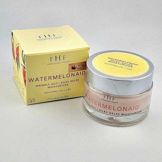FHF Watermelonaid moisturizer jar and packaging on a light gray background