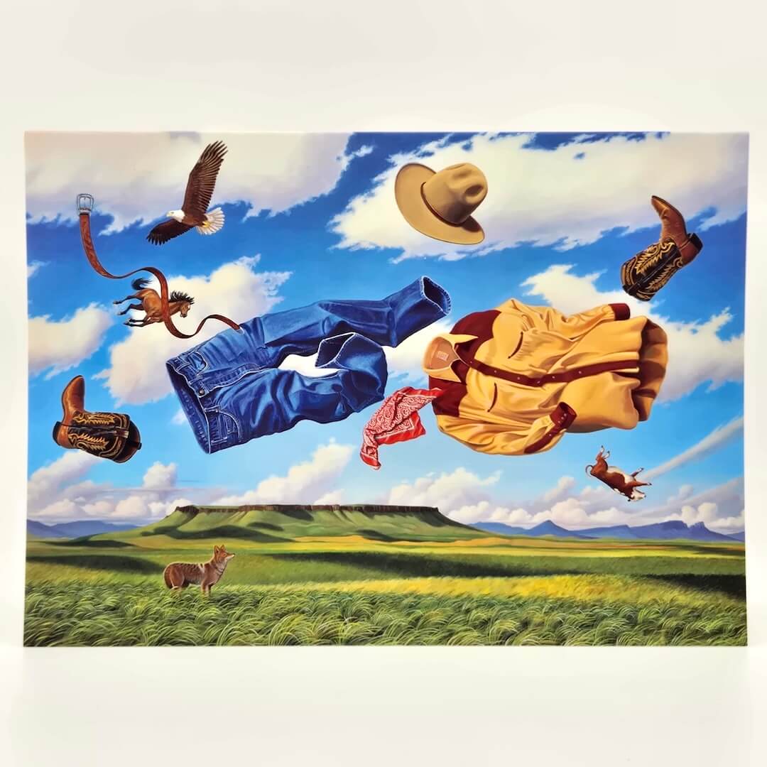 Illustration of cowboy outfit blowing in the wind, plains and plateau landscape in background.