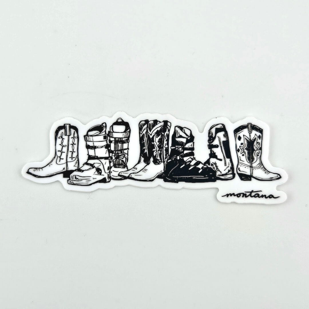 Black and white illustration of cowboy boots with 'Montana' text on a light gray background