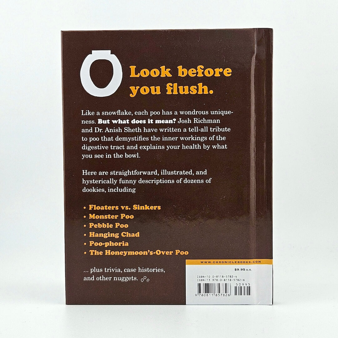 Book cover with text 'Look before you flush' on a white background