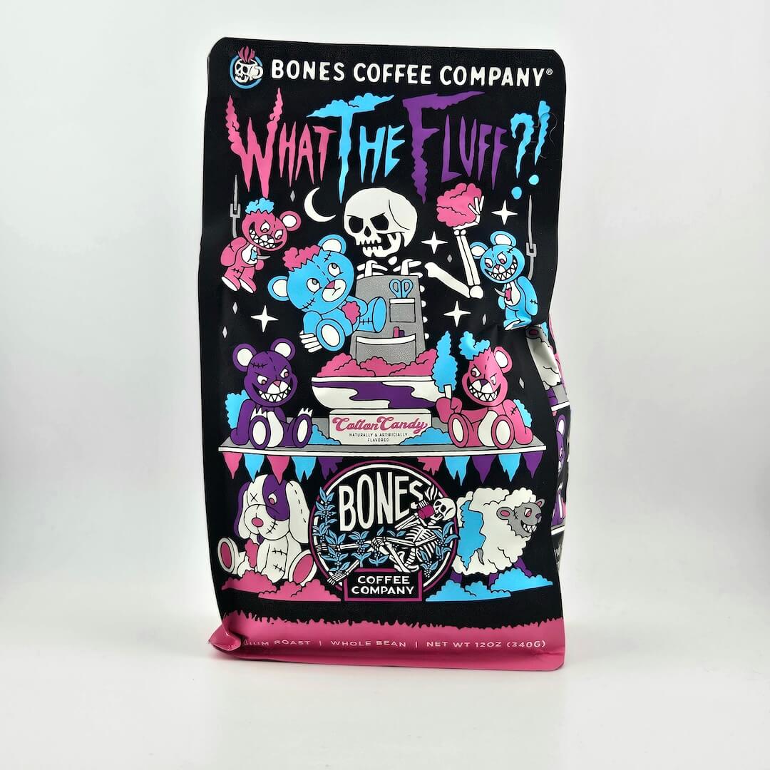 Coffee bag from Bones Coffee Company with colorful graphics on a white background