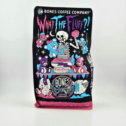 Coffee bag from Bones Coffee Company with colorful graphics on a white background