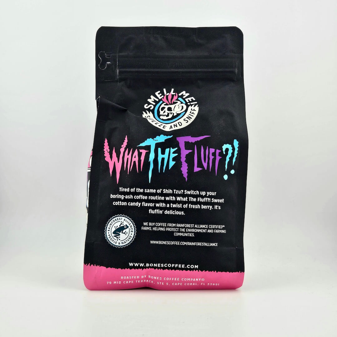 Black coffee bag with colorful text and branding on a white background