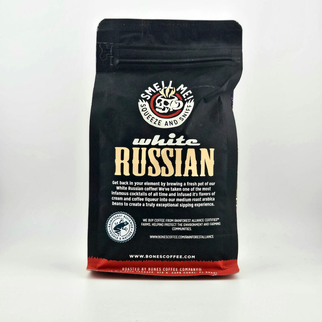 Black coffee bag with "Bones Coffee Company" branding and skeleton illustration. 