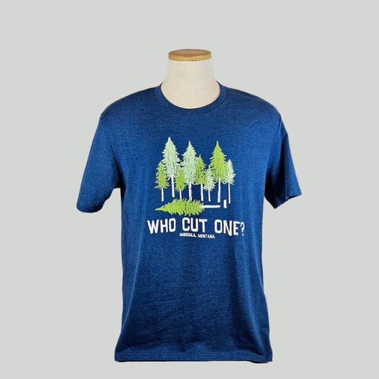 Blue t-shirt with green trees and white text on a mannequin against a light gray background