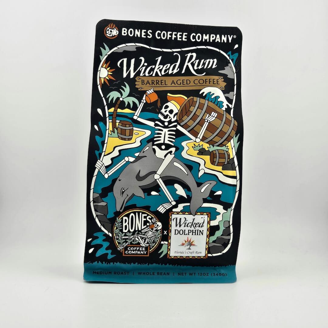 Bones Coffee Company Wicked Rum barrel aged coffee package on a white background