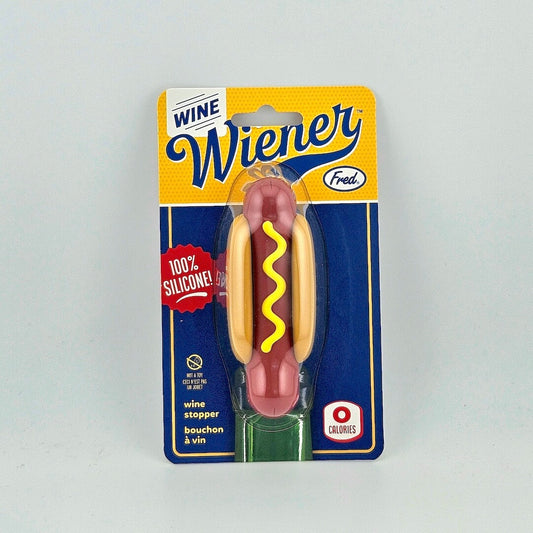 Wine stopper shaped like a hot dog in its packaging on a gray background