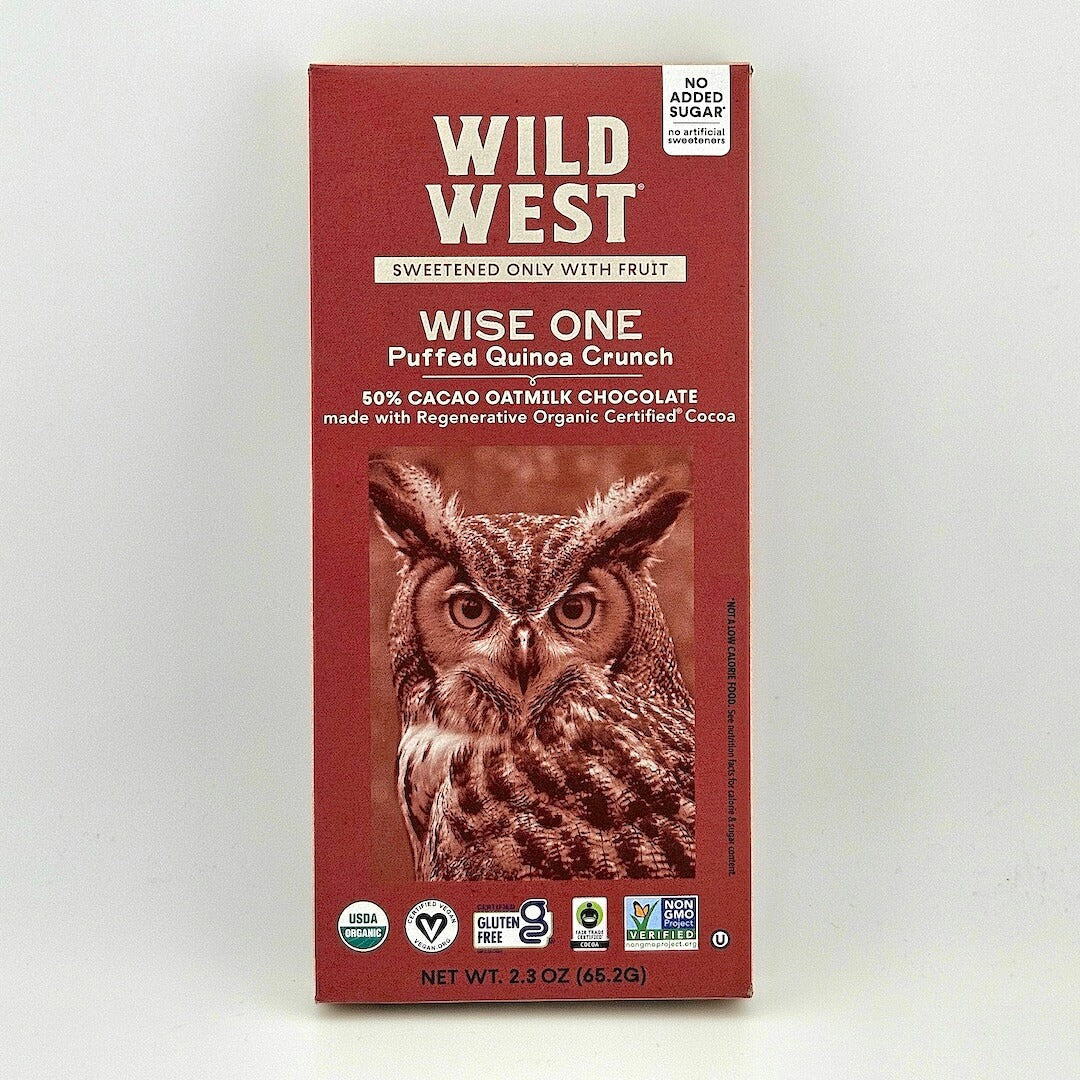 Wild West Wise One puffed quinoa crunch chocolate bar with an owl illustration on a white background