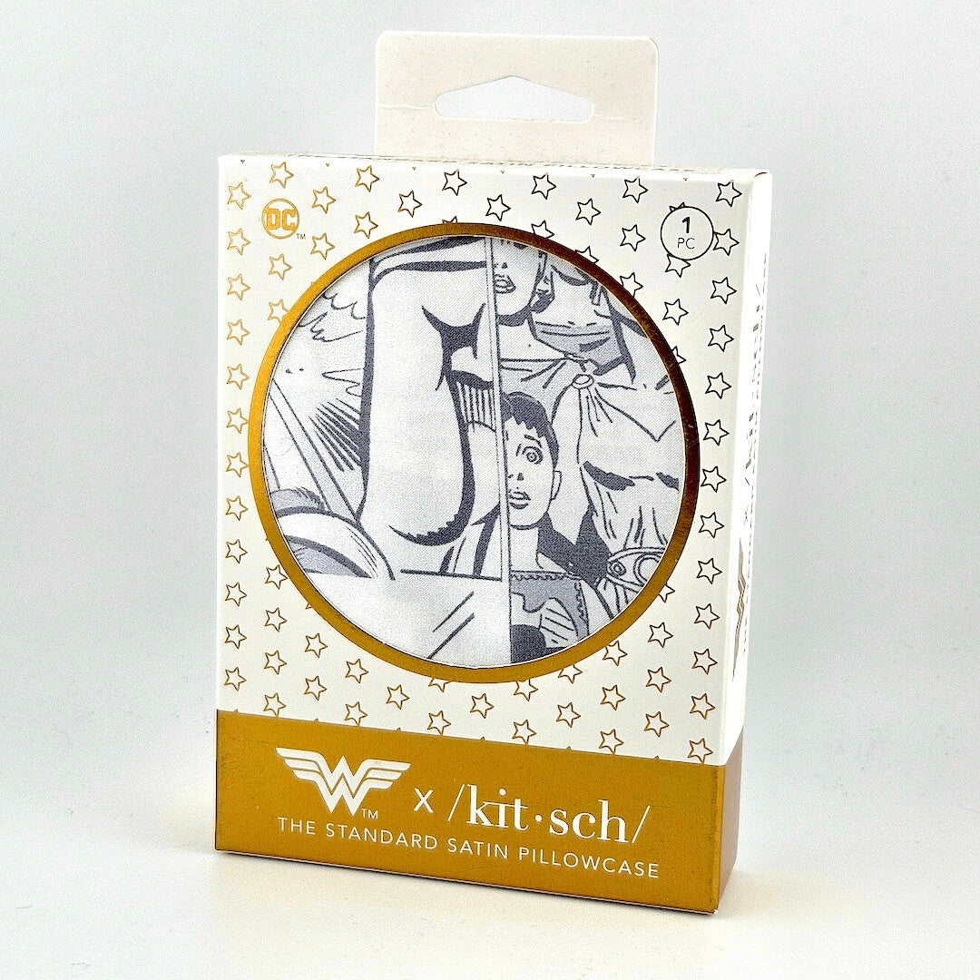 Gold and white box for satin pillowcase with comic art against white background. 