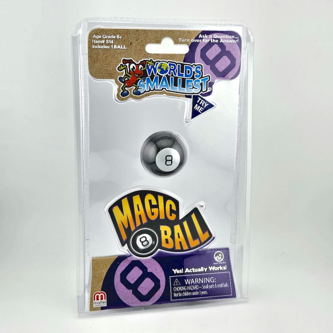 Package of 'World's Smallest Magic Ball' with branding and product details on a white background