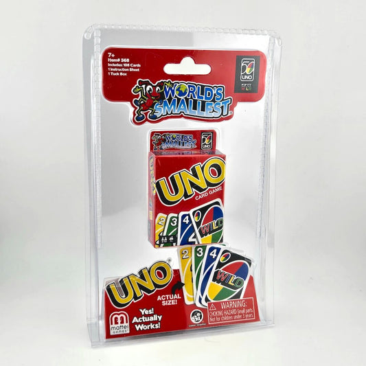 Packaging branded "World's Smallest Uno" with small pack of cards against white background. 