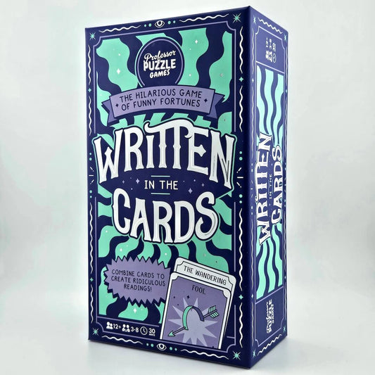 Card game box titled 'Written in the Cards' by Professor Puzzle Games on a white background