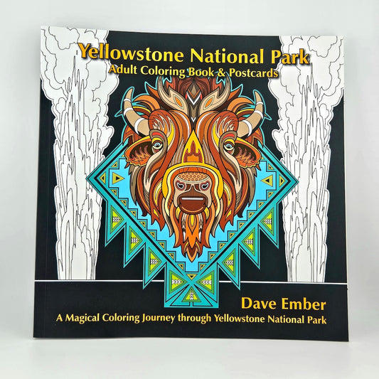 Yellowstone National Park adult coloring book and postcards with a bison design on the cover.