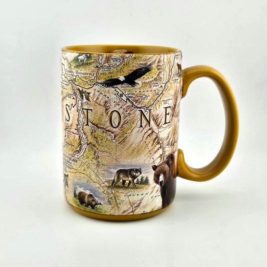 Mug with a map design featuring bears and the word 'YELLOWSTONE' on a white background