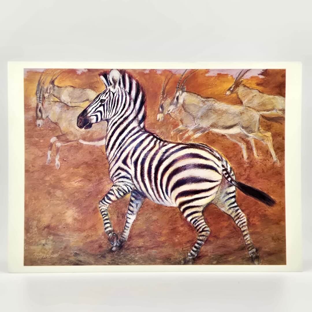 Illustration of zebra running with antelopes in the background on a textured wall art