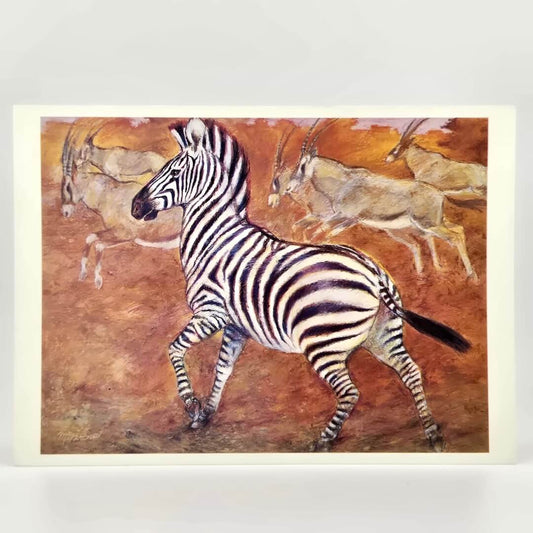 Illustration of zebra running with antelopes in the background on a textured wall art