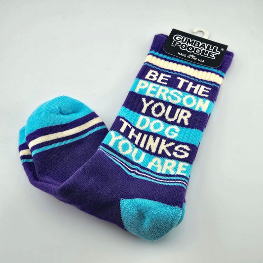 Blue socks with light blue toes & heels, with white & light blue stripes with text, "Be the person your dog thinks you are."
