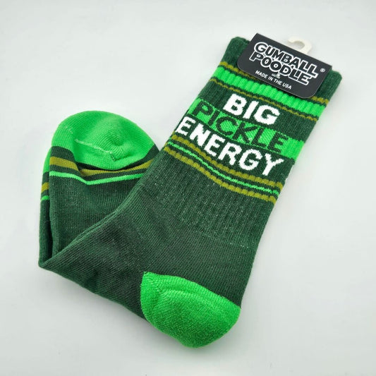 Green socks with light green toes and heels, with light & olive green stripes with white text, "BIG PICKLE ENERGY."