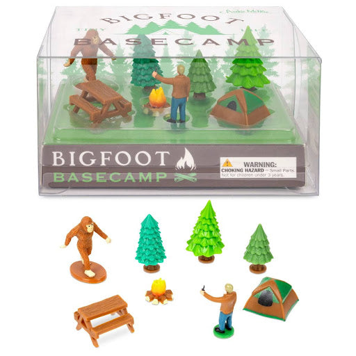 BIGFOOT BASECAMP playset with miniature trees, tent, camper, and Bigfoot figures.