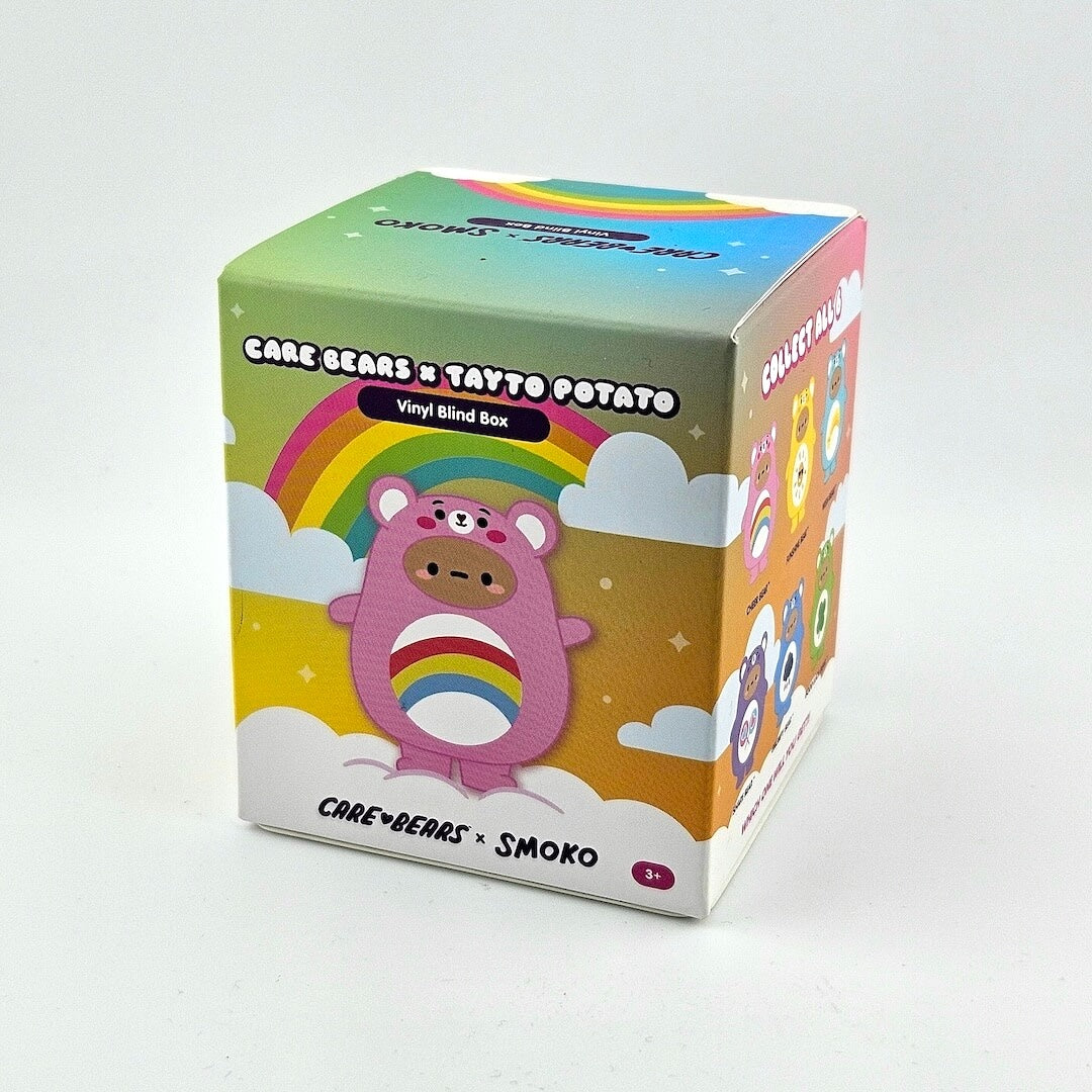Colorful packaging box for a vinyl blind box featuring Care Bears and Smoko characters on a white background.
