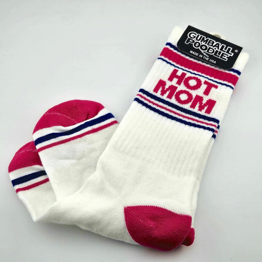White socks with hot pink toes and heels, with navy and pink stripes, with text, "HOT MOM."