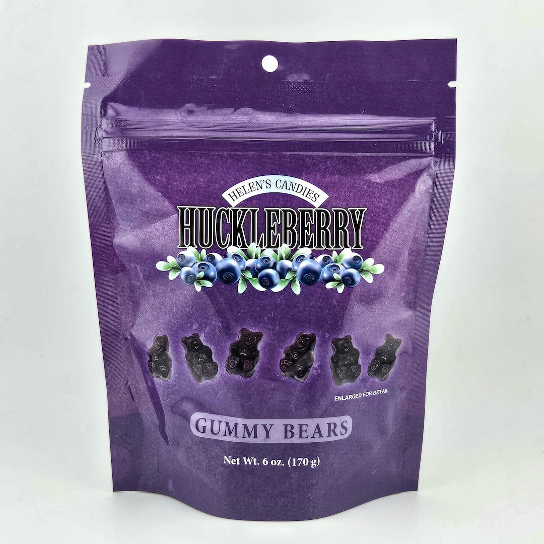 Purple package of Helen's Candies Huckleberry Gummy Bears on a white background