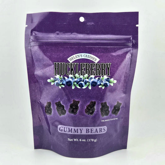 Purple package of Helen's Candies Huckleberry Gummy Bears on a white background