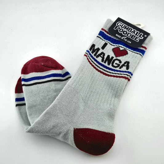 Light gray socks with maroon heels and toes, with black, navy and maroon stripes with text, "I [heart symbol] Manga."