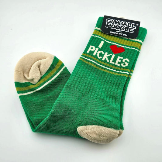 Green socks with beige toes and heels, green and beige stripes with text, "I [heart symbol] Pickles."