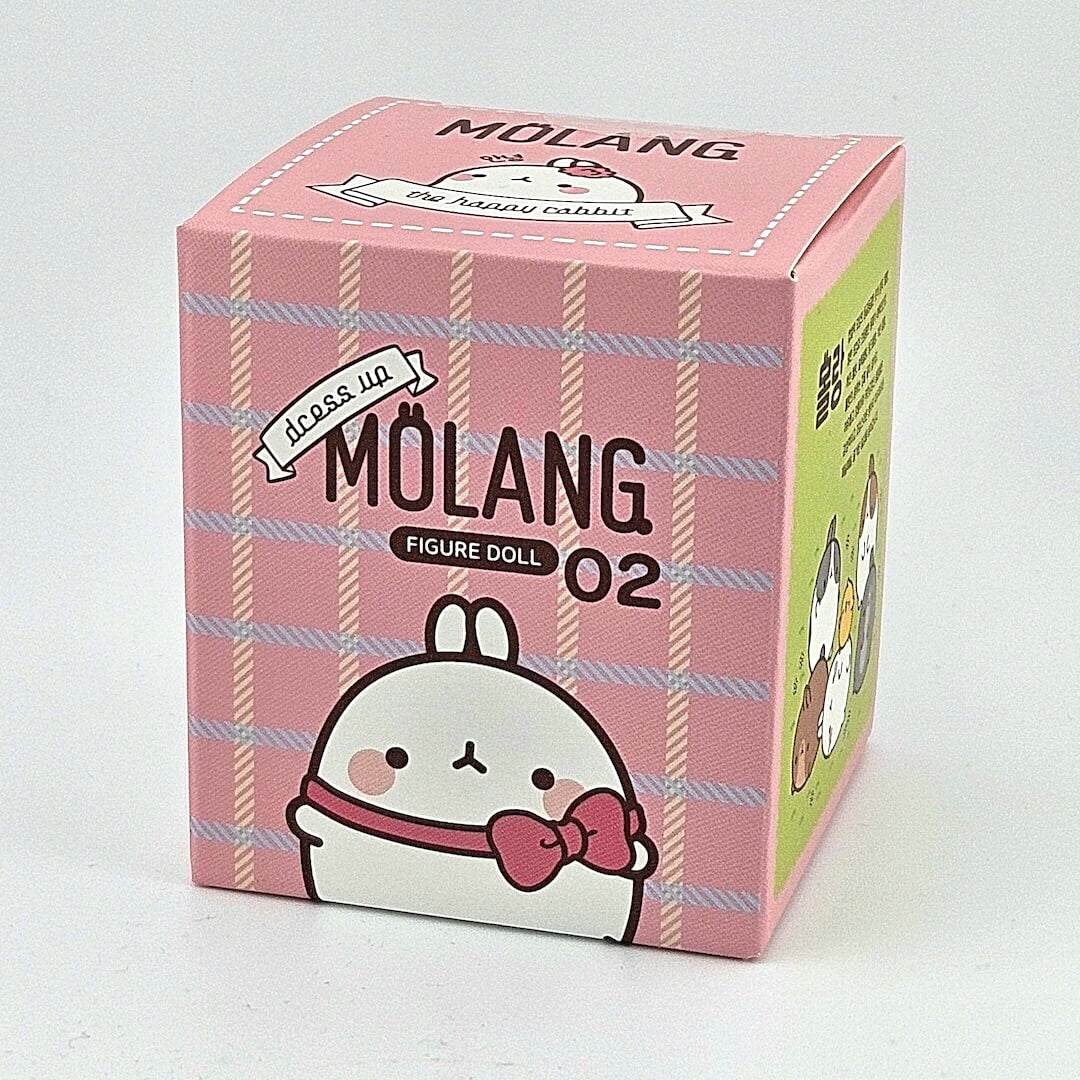 Molang figure doll packaging box with pink and white checkered design on a gray background
