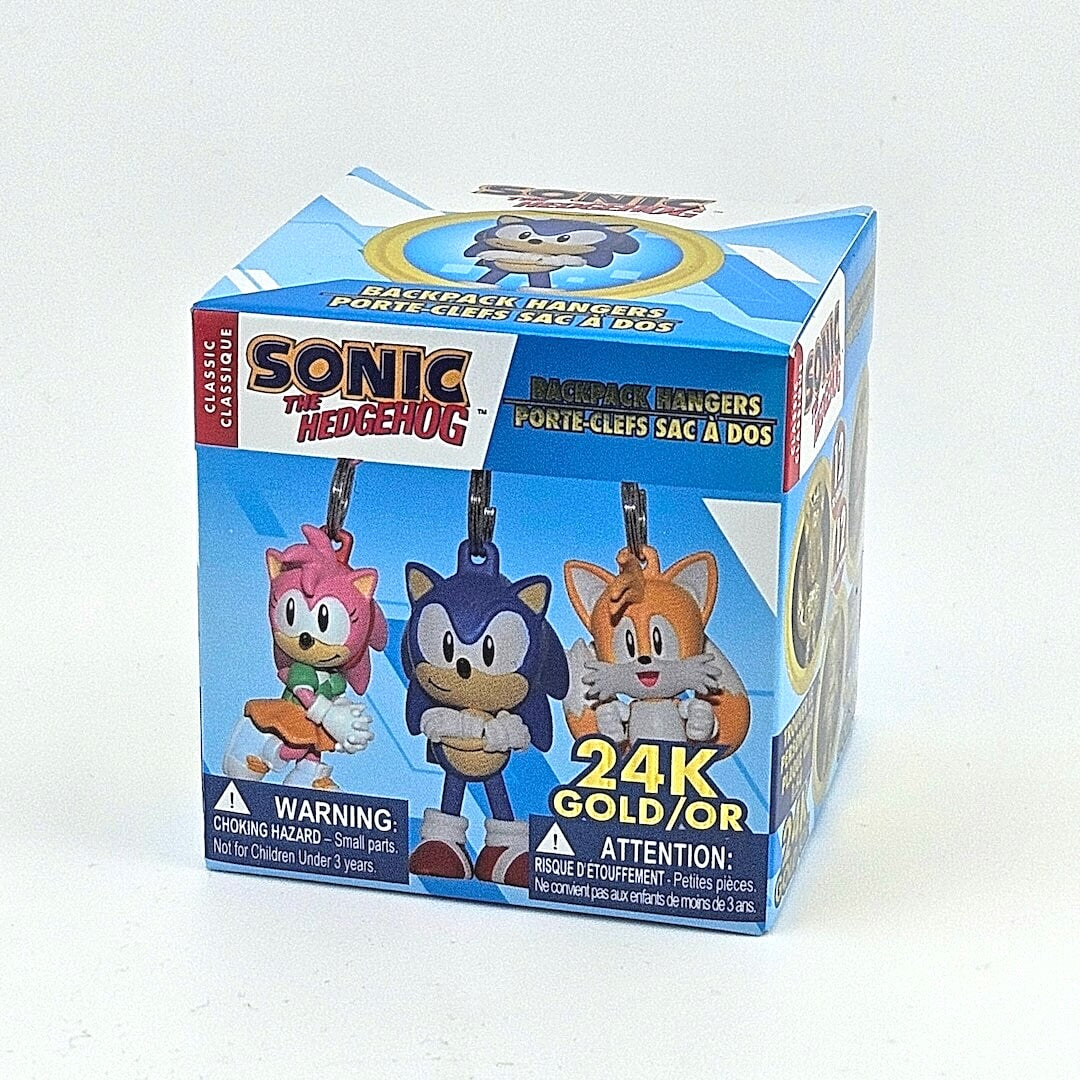 Box of Sonic the Hedgehog keychains with characters on a white background