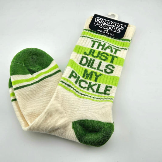 Beige socks with green toes and stripes, "THAT JUST DILLS MY PICKLE" text. 