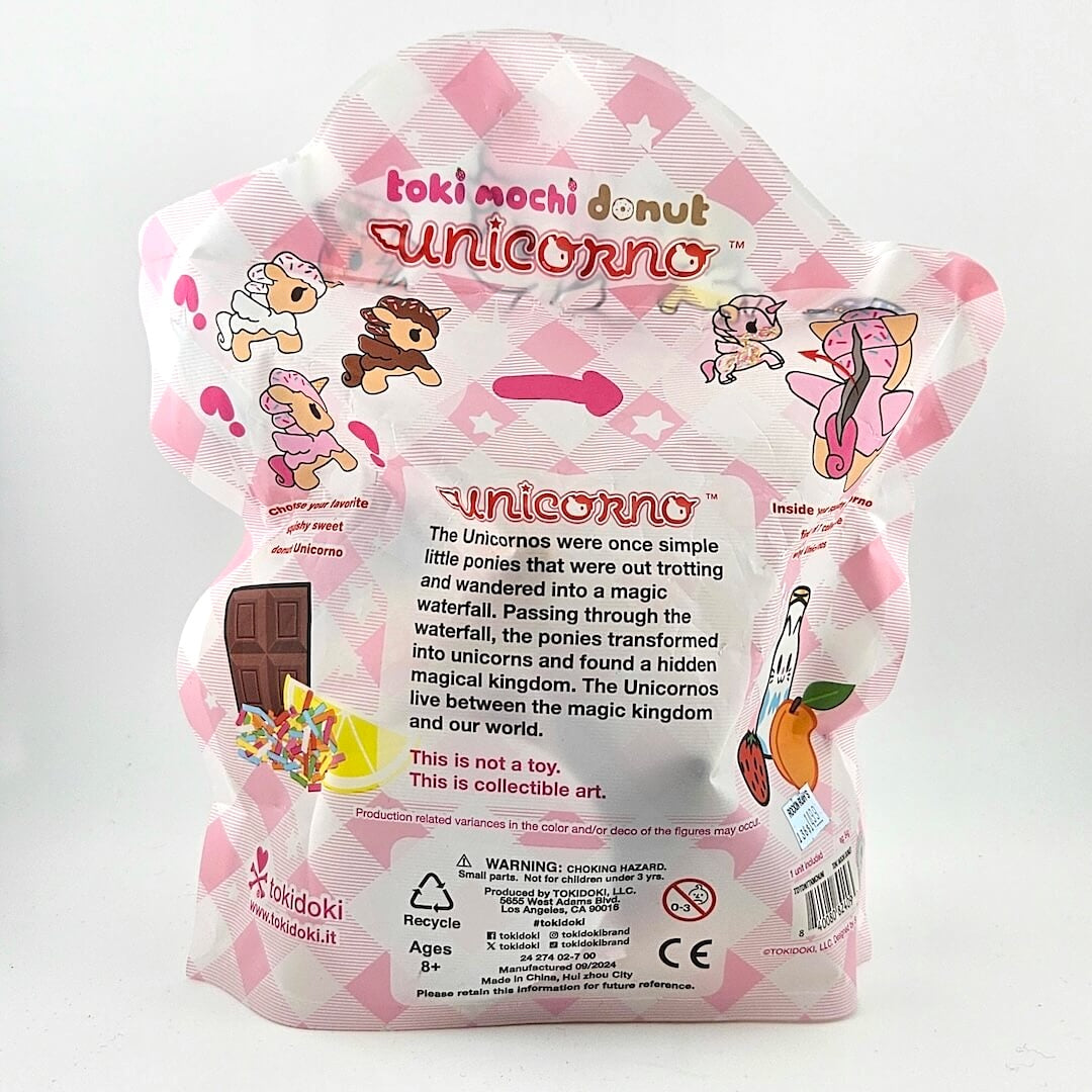 Toki Mochi Donut Unicorno packaging with character illustrations and text on a white background